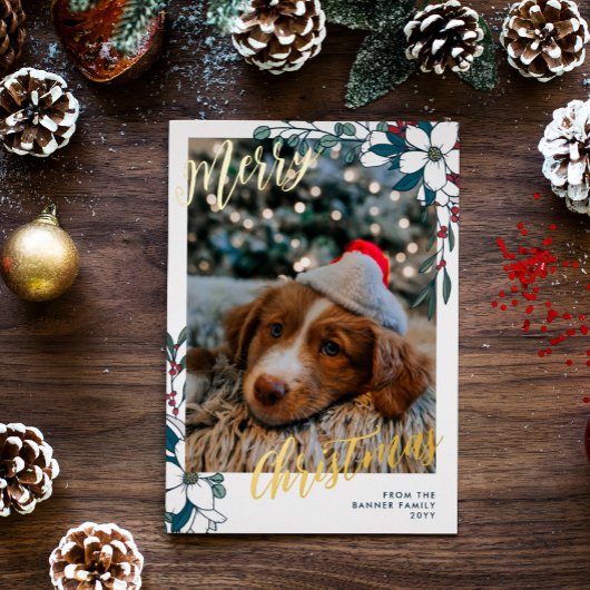 美しい白と赤の花の写真 メリークリスマス 箔シーズンカード