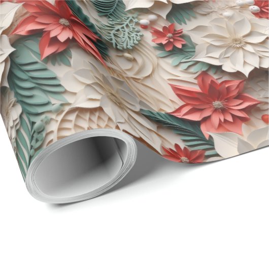 美しい白と赤の3Dポインセチア ラッピングペーパー (ロールコーナー)