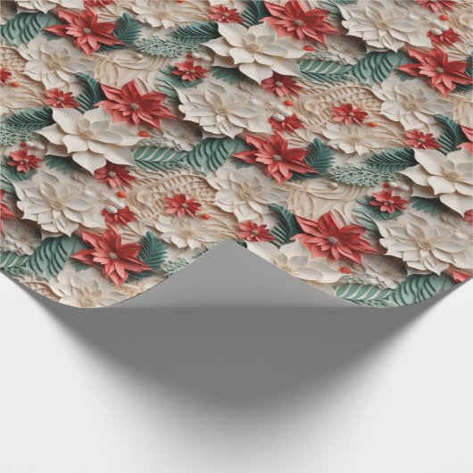 美しい白と赤の3Dポインセチア ラッピングペーパー (角)