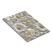 美しい白と金ゴールドの3Dフローラ名前をカスタムする ノートブック (右側)