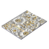 美しい白と金ゴールドの3Dフローラ名前をカスタムする ノートブック (左側)