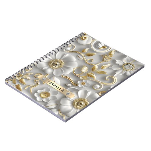 美しい白と金ゴールドの3Dフローラ名前をカスタムする ノートブック (左側)