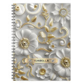 美しい白と金ゴールドの3Dフローラ名前をカスタムする ノートブック (正面)