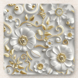 美しい白と金ゴールドの3Dフローラ コースター