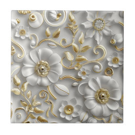 美しい白と金ゴールドの3Dフローラ タイル