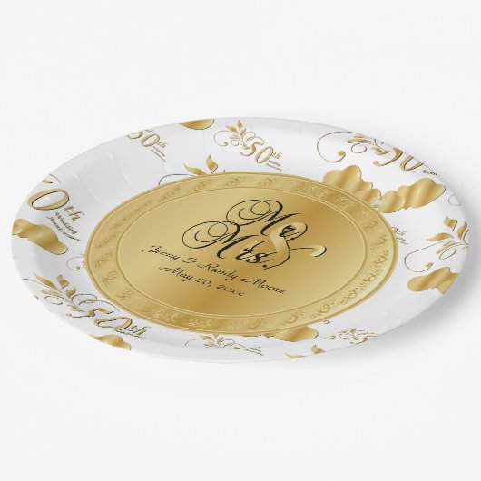 美しい白と金ゴールド50結婚周年 ペーパープレート (アングル)