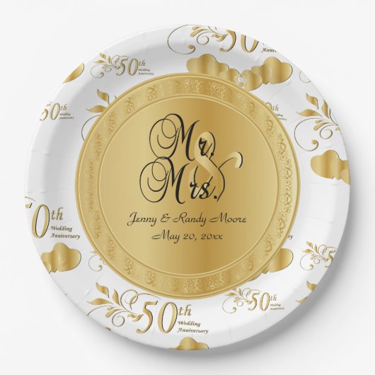 美しい白と金ゴールド50結婚周年 ペーパープレート (正面)