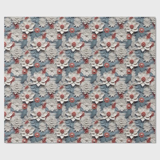 美しい白と青の3Dポインセチア ラッピングペーパー (フラット)