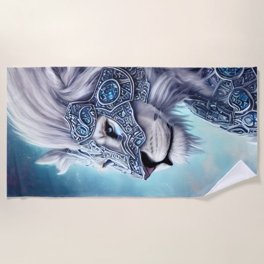 美しい白の装甲戦士ライオン ビーチタオル (正面)