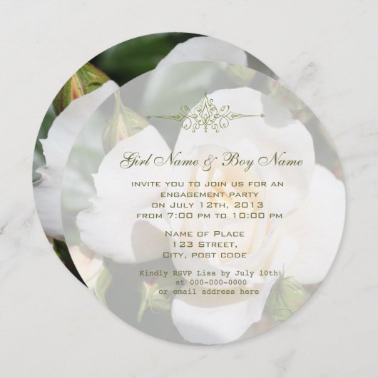 美しい白バラの花婚約パーティ 招待状 (正面/裏面)