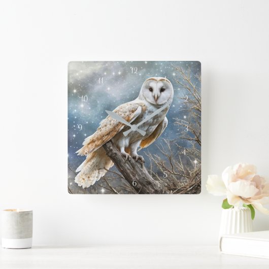 美しい白フクロウ雪の神秘的 スクエア壁時計 (ホーム)