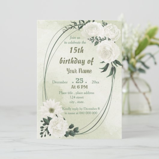 美しい白フローラ幾何学誕生日パーティー 招待状 (スタンド正面)