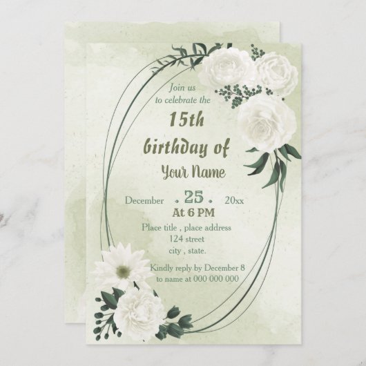 美しい白フローラ幾何学誕生日パーティー 招待状 (正面/裏面)