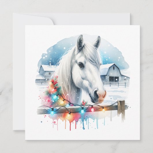美しい白馬のいる農場のクリスマス シーズンカード (正面)