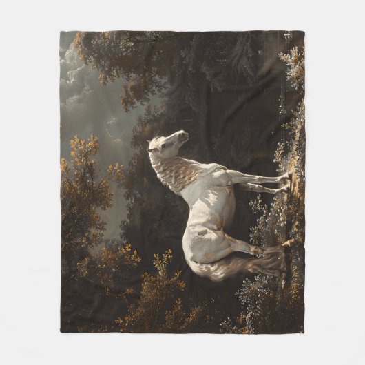 美しい白馬油絵ヴィンテージ フリースブランケット (正面)