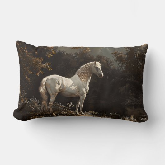 美しい白馬油絵ヴィンテージ ランバークッション (正面)
