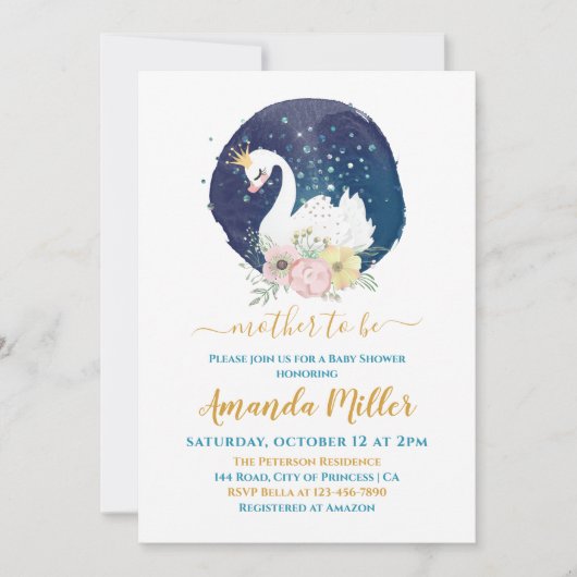 美しい白鳥の繊細なネイビーブルーボーイベビーシャワー 招待状 (正面)
