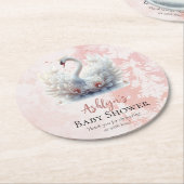 美しい白鳥フローラダマスクベビーシャワーのお願い ラウンドペーパーコースター (アングル)