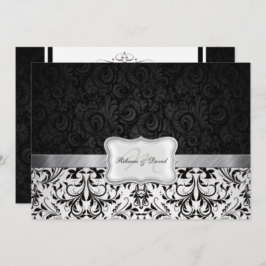 美しい白黒のダマスクの結婚式招待状 招待状 (正面/裏面)