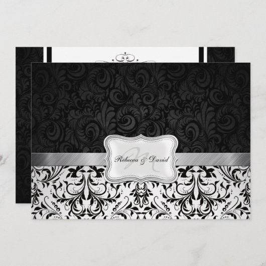 美しい白黒のダマスクリハーサルディナー 招待状 (正面/裏面)