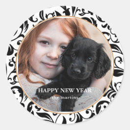 美しい白黒のハッピー新年の写真 ラウンドシール