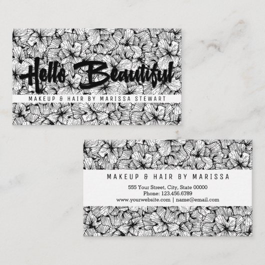 美しい白黒のモダンな花こんにちは 名刺 (正面/裏面)