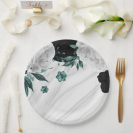 美しい白黒ティール（緑がかった色）花大理石 ペーパープレート