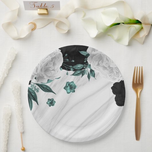 美しい白黒ティール（緑がかった色）花大理石 ペーパープレート (ウェディング)