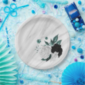 美しい白黒ティール(緑がかった色)花大理石 ペーパープレート (パーティー)