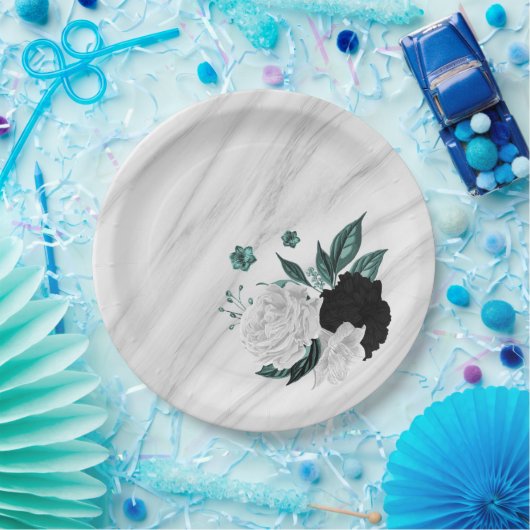 美しい白黒ティール（緑がかった色）花大理石 ペーパープレート (パーティー)