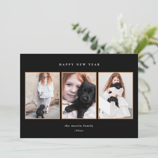 美しい白黒3枚の写真新年 シーズンカード (スタンド正面)