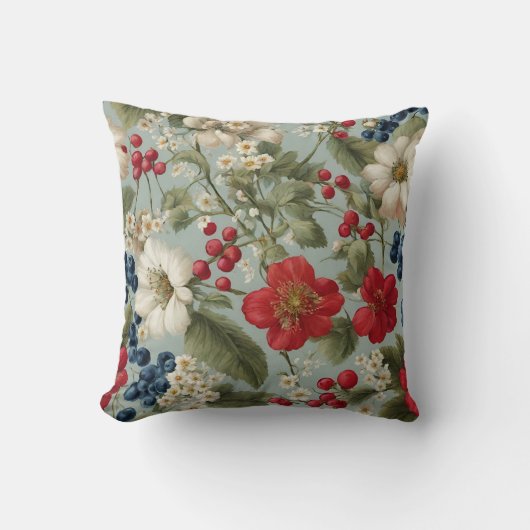 美しい白、赤い花と青、赤い果実 クッション (正面)