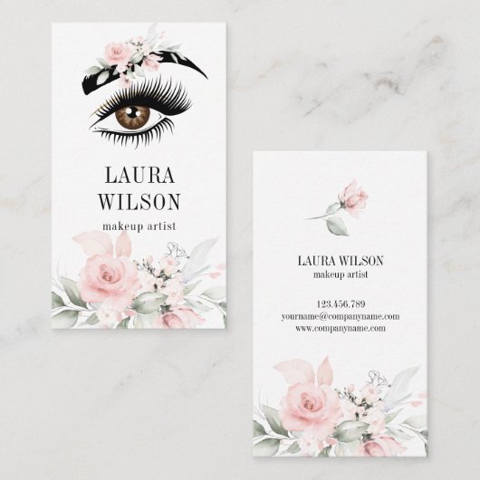 美しい目と赤面ピンクの水色の花 名刺 (正面/裏面)
