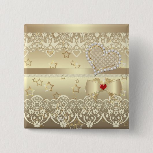 美しい真珠ビーズグリッターレース黄金ハートボー 缶バッジ (正面)