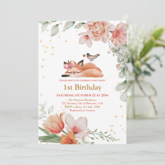 美しい眠いキツネ金ゴールドグリッター1st誕生日イン 招待状 (スタンド正面)