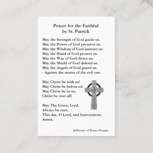 美しい祈りの言葉が付いているセントパトリックの神聖なカード 名刺 (裏面)