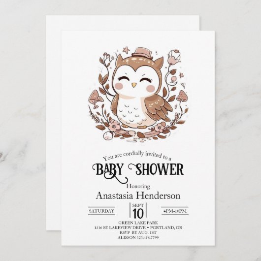 美しい神秘的なフクロウの赤ちゃんシャワー 招待状 (正面/裏面)