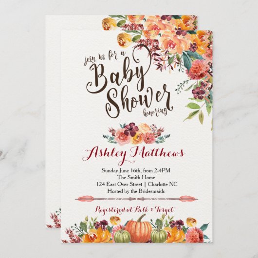 美しい秋のベビーシャワーの招待状、 招待状 (正面/裏面)