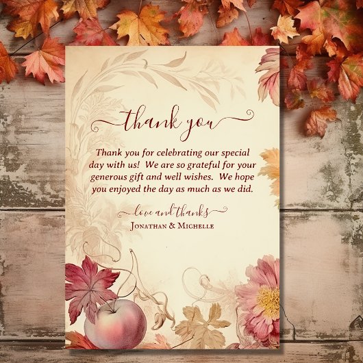 美しい秋のヴィンテージ秋の結婚式写真 サンキューカード