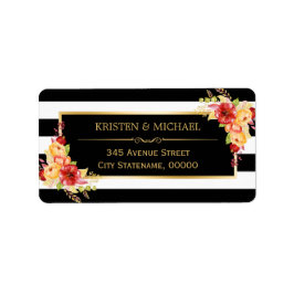 美しい秋の花模様 ゴールド ブラック ホワイト ストライプ ラベル