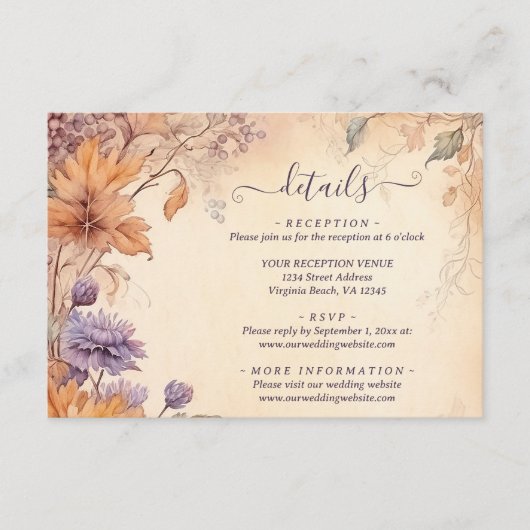 美しい秋の花秋結婚葉の詳細 エンクロージャーカード (正面)