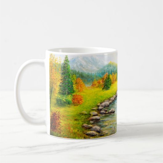 美しい秋の風景と森の油絵 コーヒーマグカップ (左)
