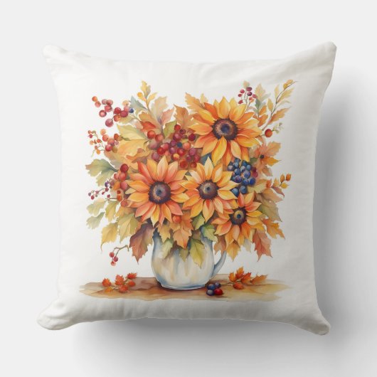 美しい秋ひまわりの花と果実の花束 クッション (正面)