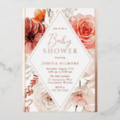 美しい秋フローラ&バラ金ゴールドベビーシャワー 箔招待状 (正面)