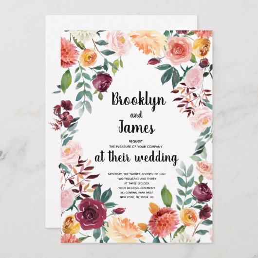 美しい秋花書道の結婚式の招待 招待状 (正面/裏面)