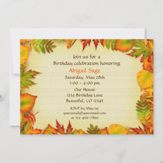 美しい秋/秋の誕生日パーティーへの招待 招待状 (裏面)