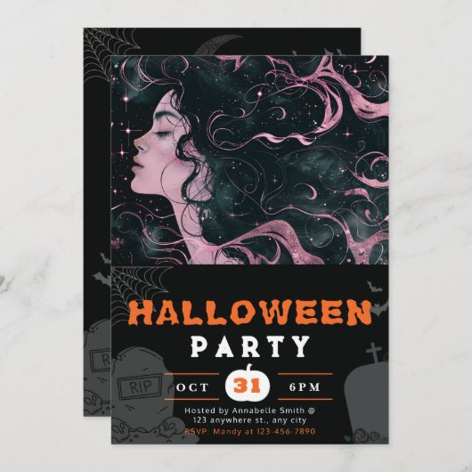 美しい空の女神ピンクブラックハロウィーン 招待状 (正面/裏面)