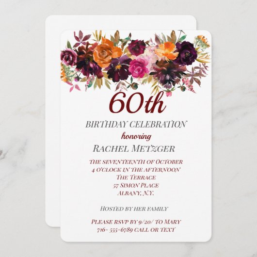 美しい紅葉フローラ誕生日招待状 招待状 (正面/裏面)