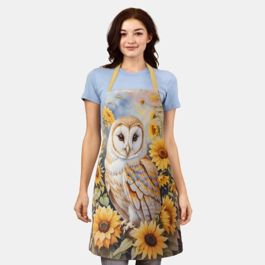 美しい納屋フクロウとヒマワリ エプロン (着用した状態)