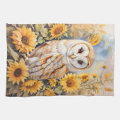 美しい納屋フクロウとヒマワリ キッチンタオル (横)